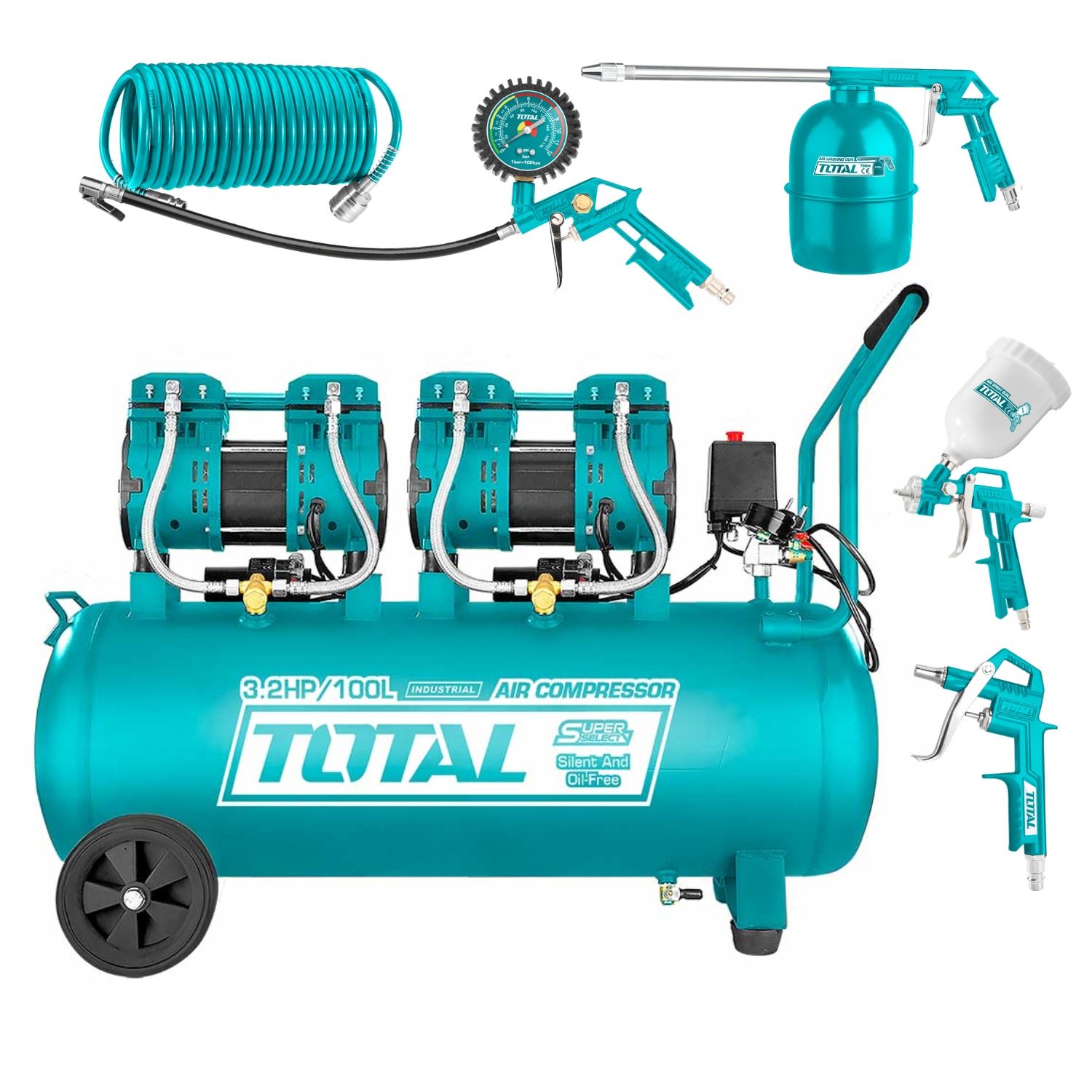 Compresora de Aire Silenciosa 100 Litros + Kit compresora 5pcs Total